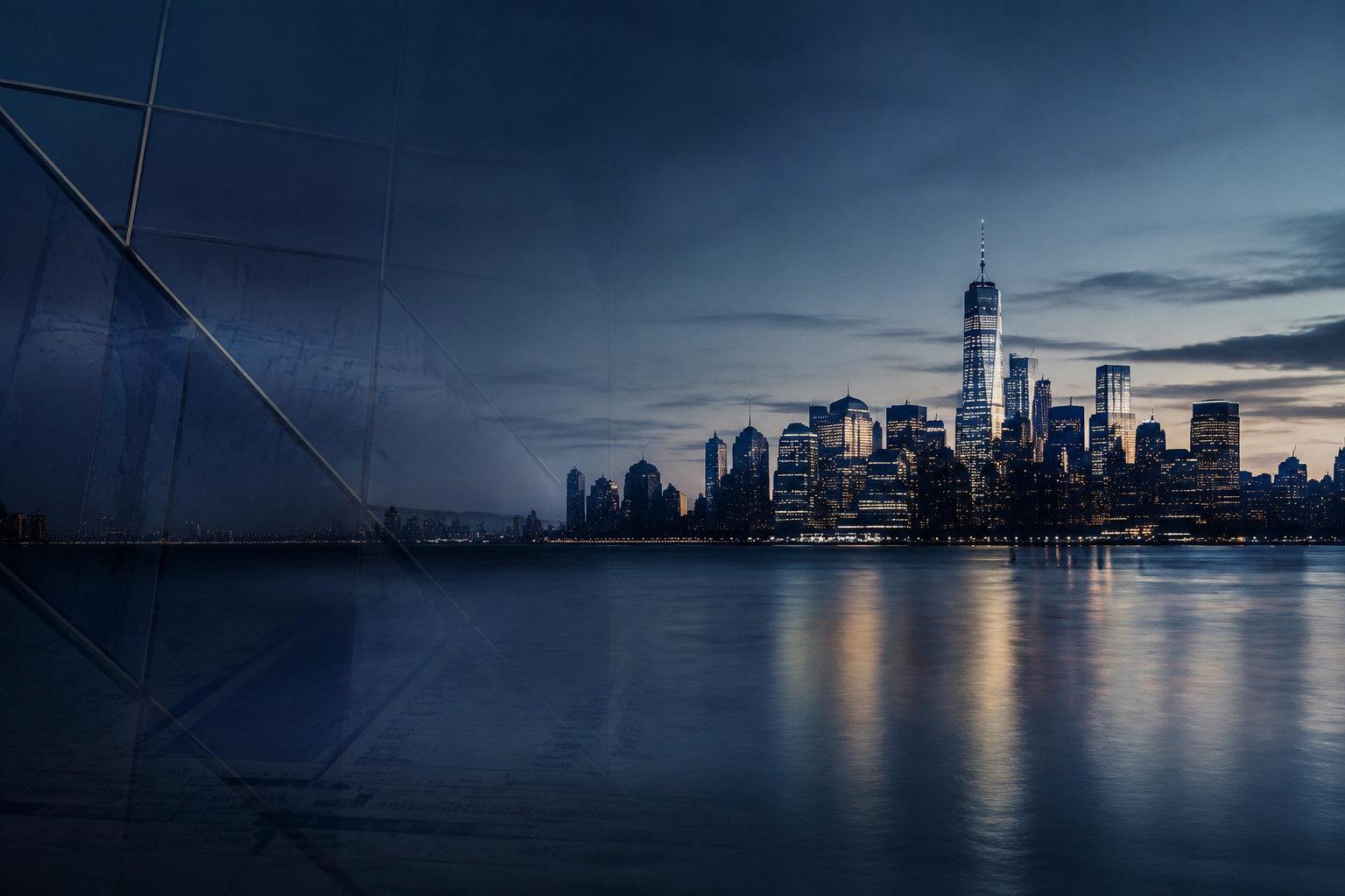 New York City skyline across the water at blue hour